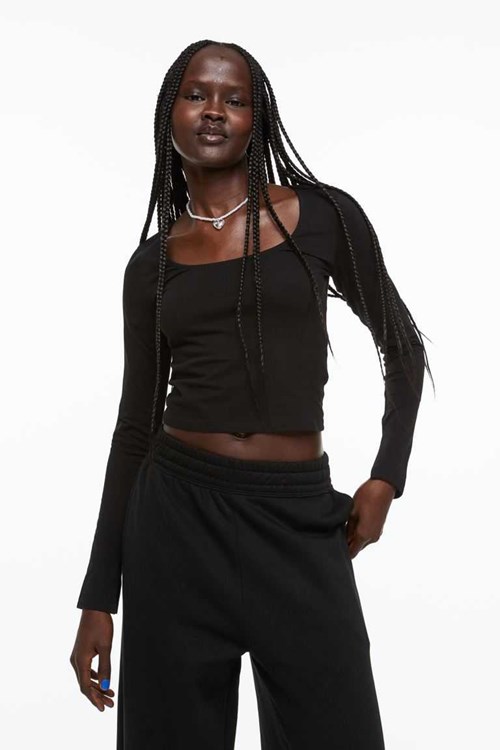 H&M Long-sleeved cotton Women's Tops Black | ZAXNKOL-14
