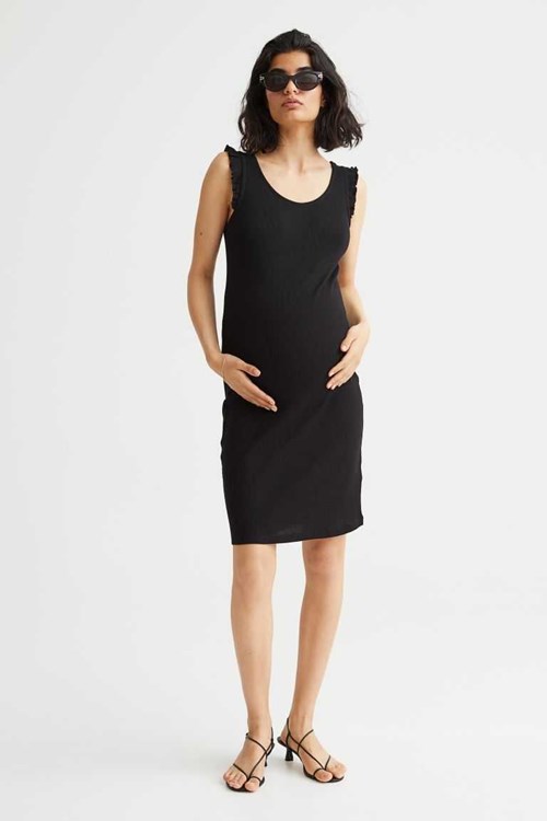 H&M MAMA Ruffle-trimmed Jersey Dress Women's Maternity Wear Black | WDBKLTH-67
