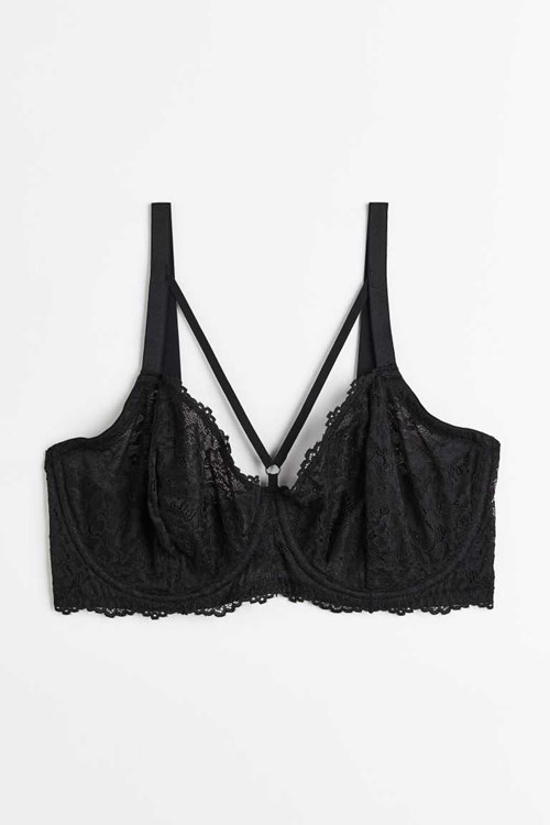 H&M Non-padded underwired lace bra Women's Plus Sizes Black | ERGCZVO-35