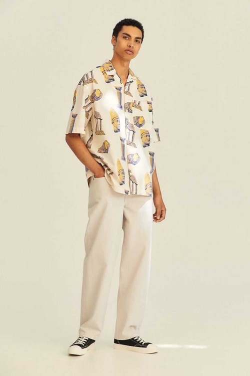 H&M Oversized Fit Patterned Resort Men's Shirts Cream/Patterned | QVPTUGL-62