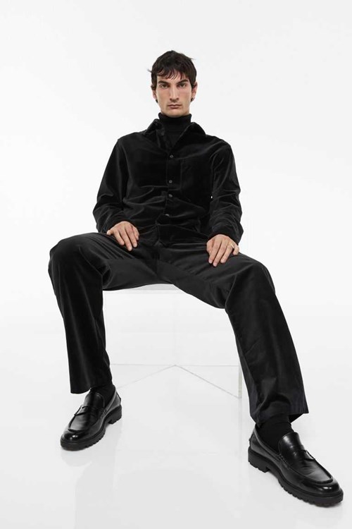 H&M Regular Fit Velvet Men's Shirts Black | SDFVZTJ-58