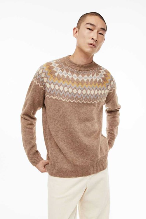 H&M Relaxed Fit Jacquard-knit Men's Sweaters Dark Beige/Patterned | OPADHTR-05