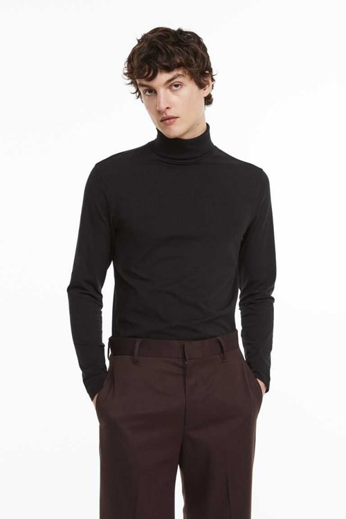 H&M Slim Fit Cotton Turtleneck Shirts Men's Sweaters Black | BJWTIHG-95