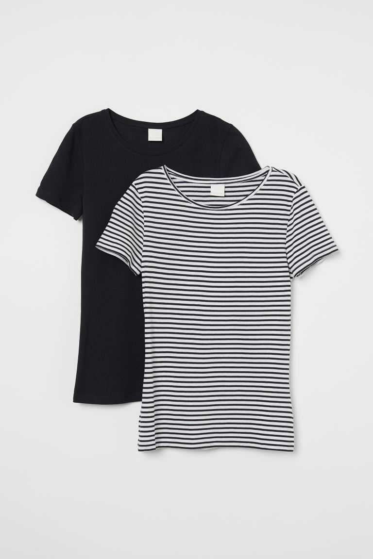 H&M 2-pack Cotton T Shirts Women's Tops Black/White | UVRCMFO-89