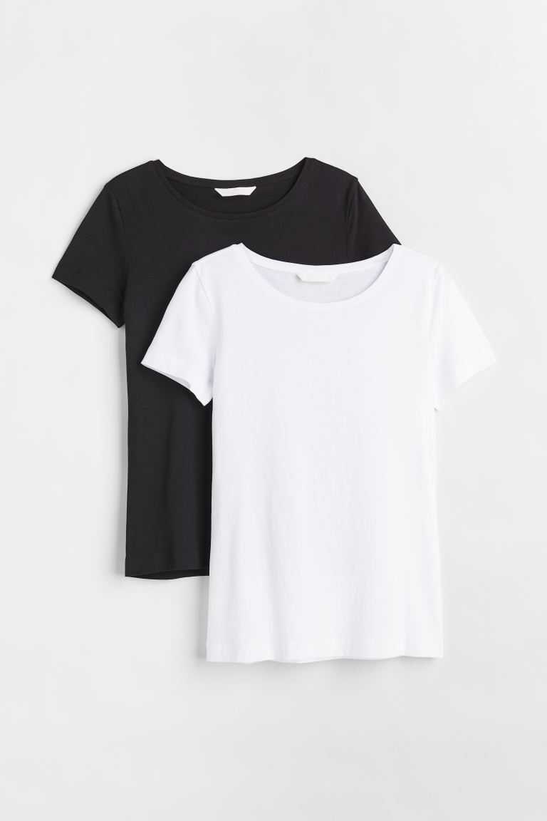 H&M 2-pack Cotton T Shirts Women\'s Tops Black/White | UVRCMFO-89