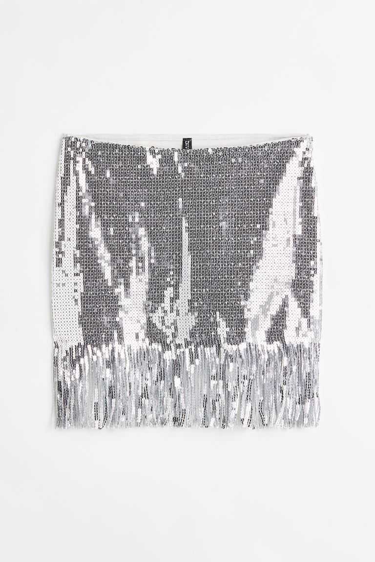 H&M Fringe-trimmed Sequined Women's Skirts Silver-colored | AJWULXB-41