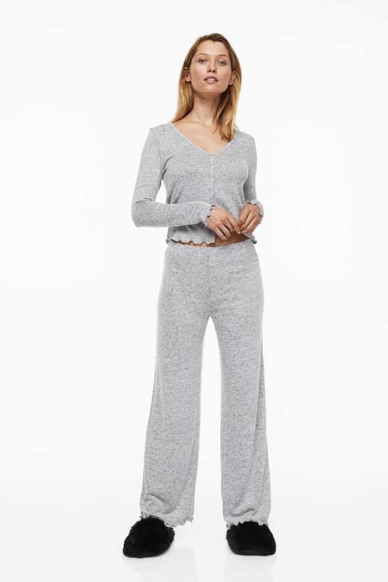 H&M Pajama Cardigan and Pants Women's Sleepwear & Loungewear Light Gray Melange | LIOUQYV-09