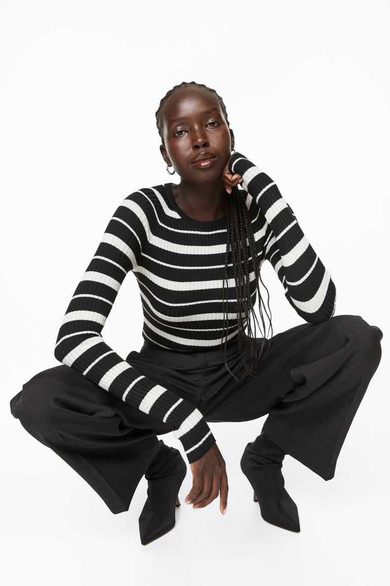 H&M Rib-knit Women\'s Tops Cream/Striped | BUQLAVT-93